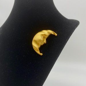 Vintage Moon Pin - Gold Tone Moon Brooch - Metal Crescent